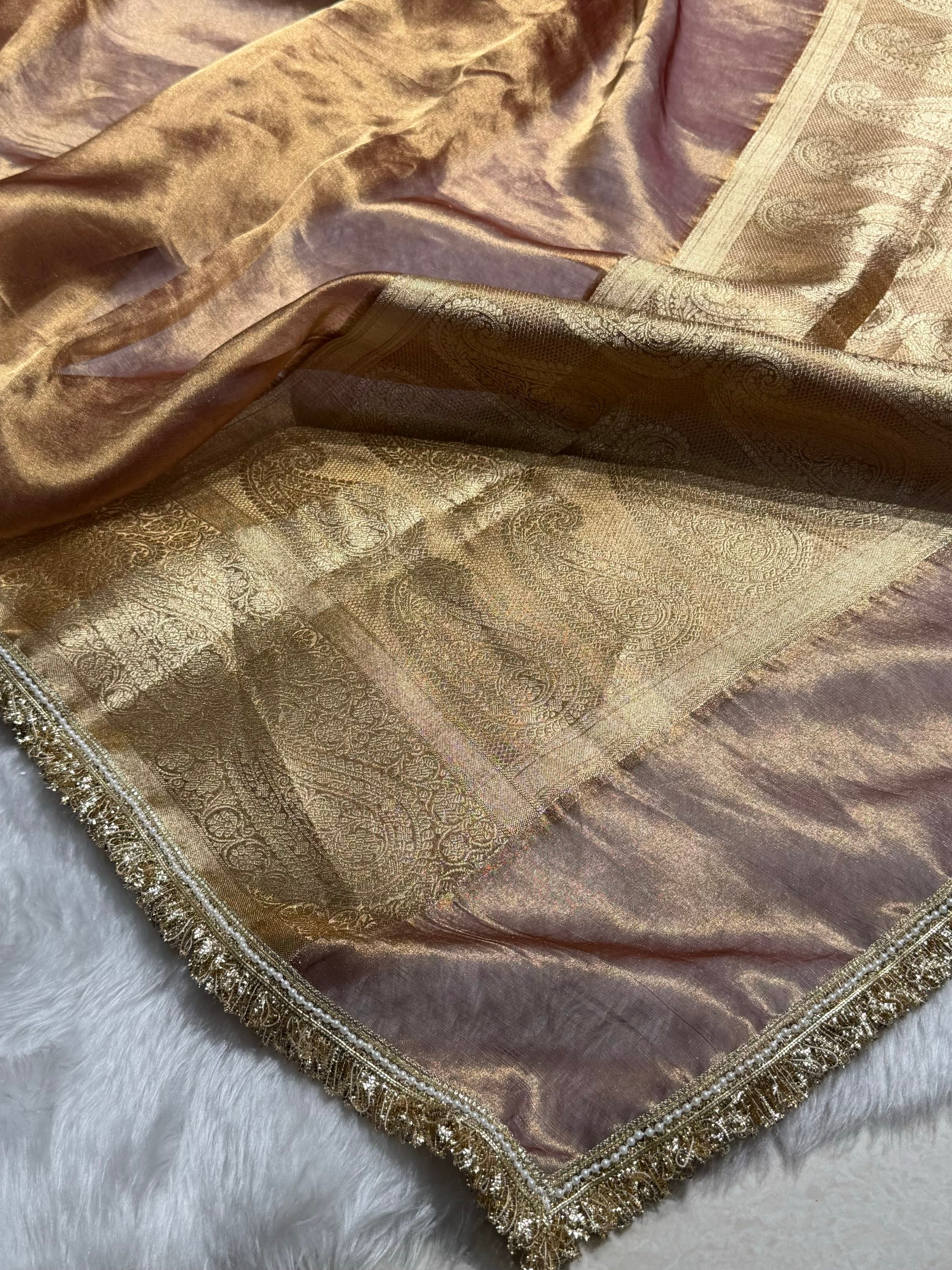 Dark Cheeku Tissue With Bananasi Gotta Patti Work Floral Pure Tissue Silk Saree PTGP-57
