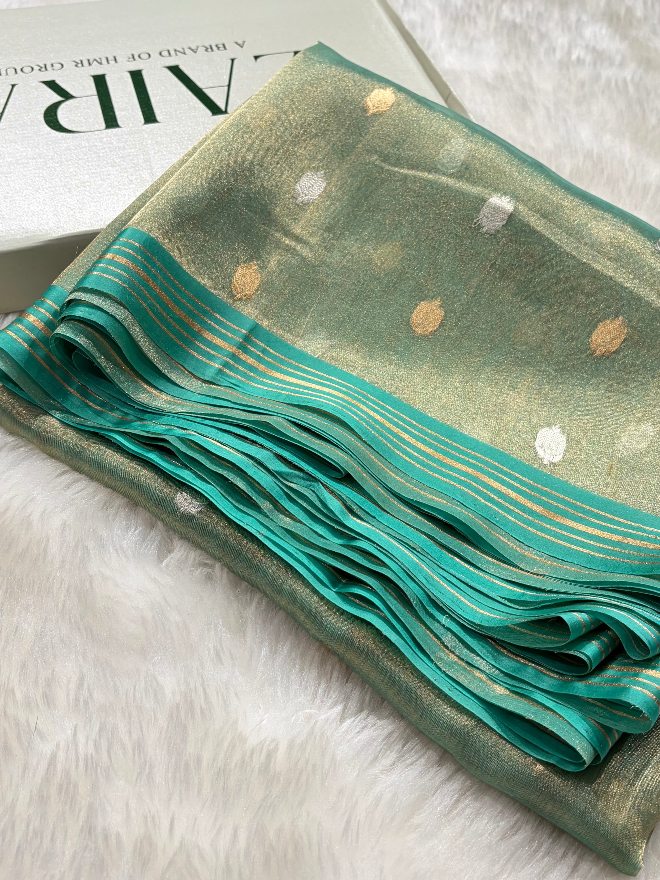 Sea Green Bananasi Floral Shades Pure Tissue Silk Saree PT-35