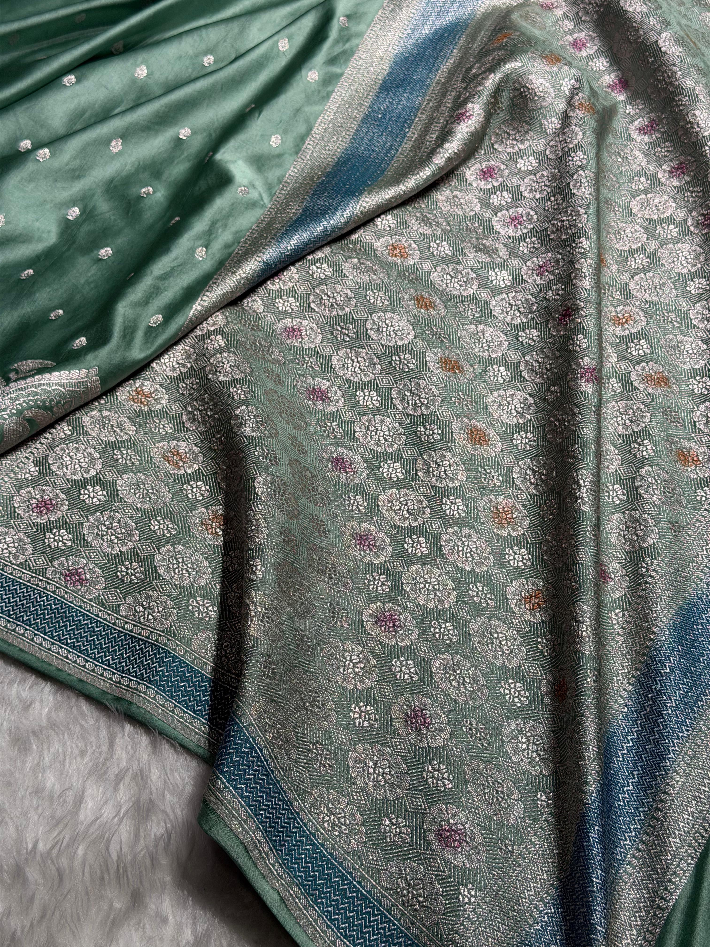 Banarasi Skirt Border Pattern in Turquoise Shades Floral Mashru Silk Saree MCS95