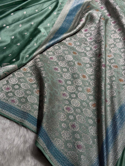 Banarasi Skirt Border Pattern in Turquoise Shades Floral Mashru Silk Saree MCS95