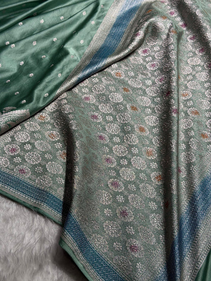 Banarasi Skirt Border Pattern in Turquoise Shades Floral Mashru Silk Saree MCS95