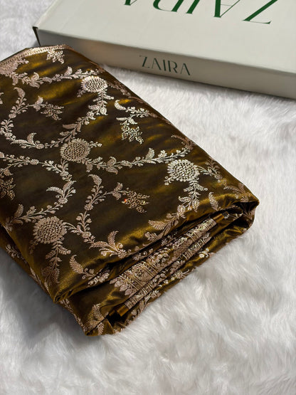 Light Weight Mehendi Satin Silk Saree with Swarovski work BSS14