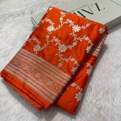 Orange Floral Jaal Mashru Silk Saree