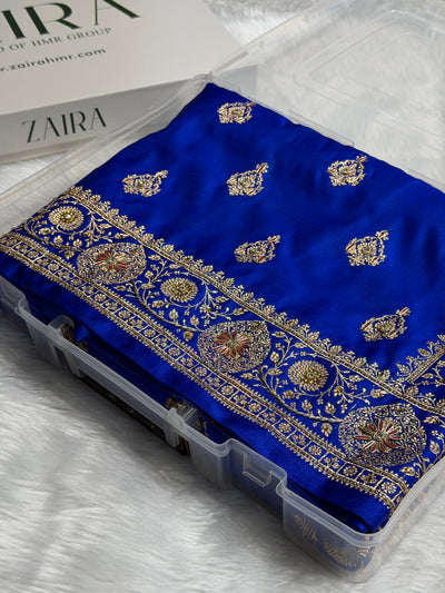 Banarasi Satin Katan Saree With Aari Zardozi Work Boota in Royal blue Shades BSK98