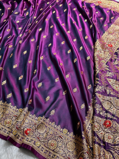 Banarasi Wine Satin Katan Silk Saree with Zardozy work BSK82