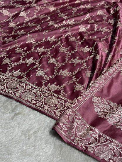 Copper Rose Shades Mashru Silk Banarasi Saree With Jaal Pattern MS71
