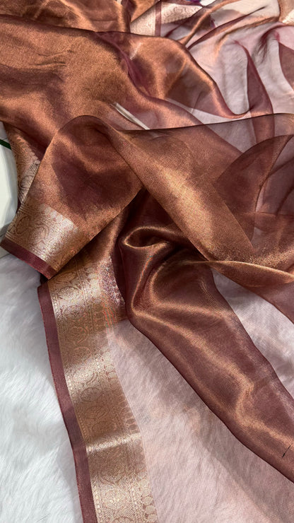 Chocolate Shades Pure Tissue Silk Saree with Brocade Blouse PT-09