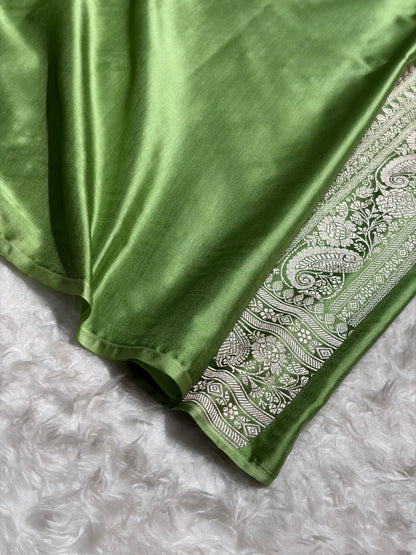 Banarasi Pista Green Shades Jaal Mashru Silk Saree
