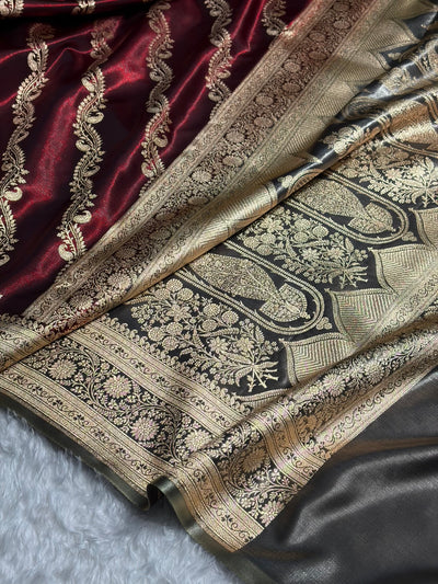 Maroon Contrast Shades Cross Pattern Banarasi Satin Silk Saree SS39