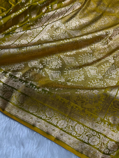 Mehandi Green Floral Jaal Pattern Satin Katan Silk saree SK42