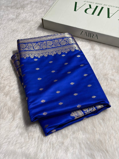 Royal Blue Booti Pattern Satin Katan Silk Saree SK51
