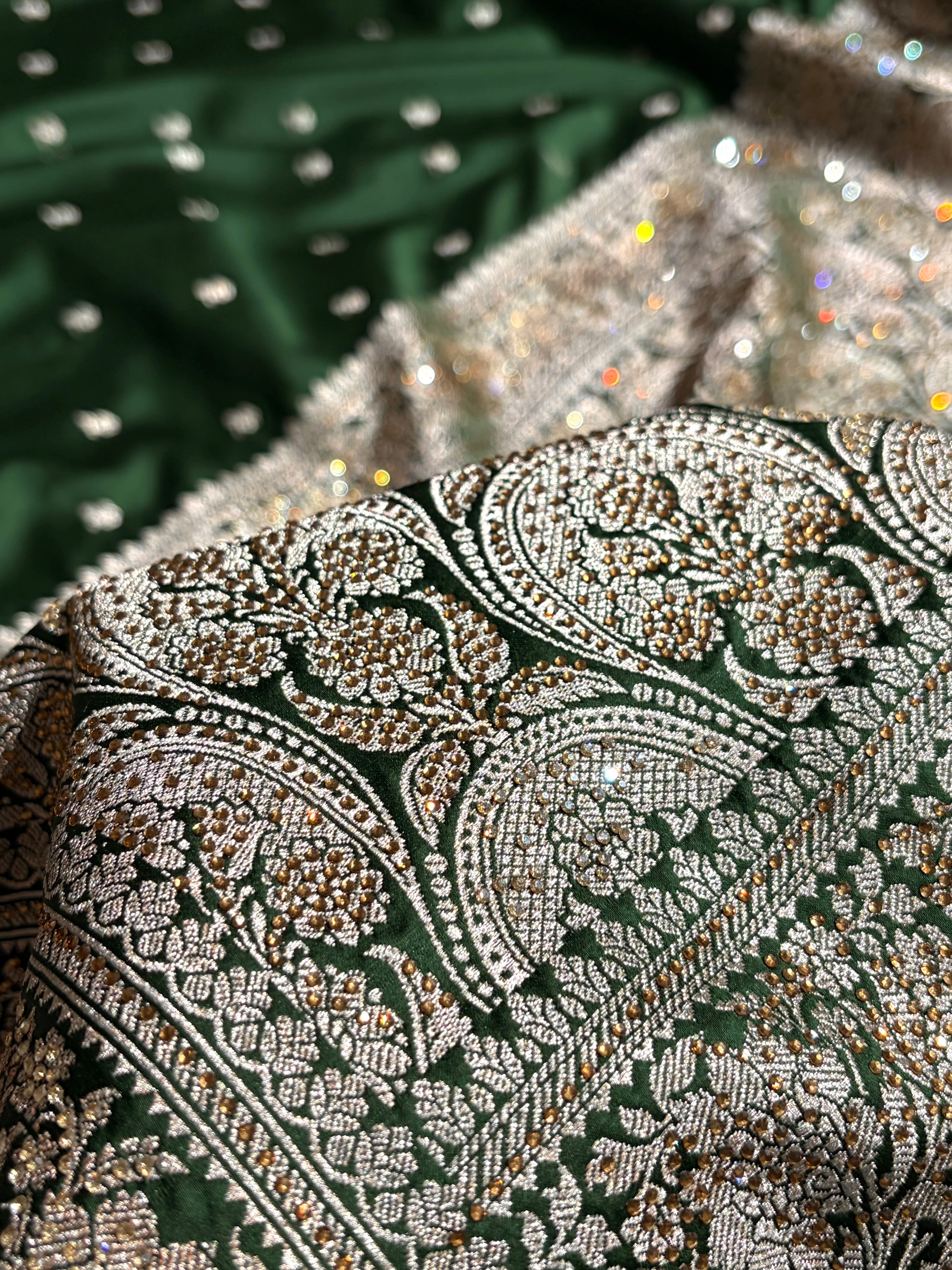 Beautiful Bottle Green Booti with Swarovski Work Mashru Silk Saree BMS09