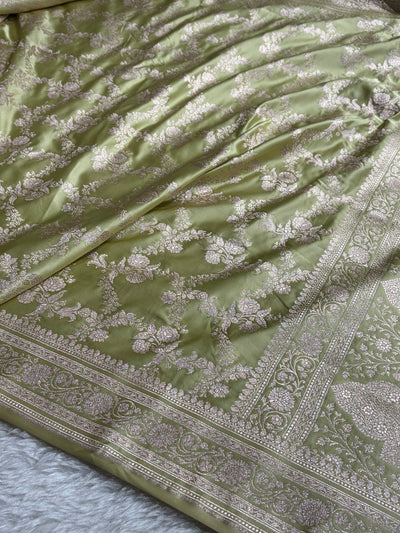 Pista Banarasi With Floral Jaal Pattern Mashru Silk Saree MSM-130