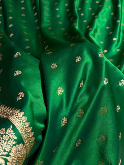 Banarasi Cross Green Shades Floral Pattern Satin Katan Silk Saree SK77