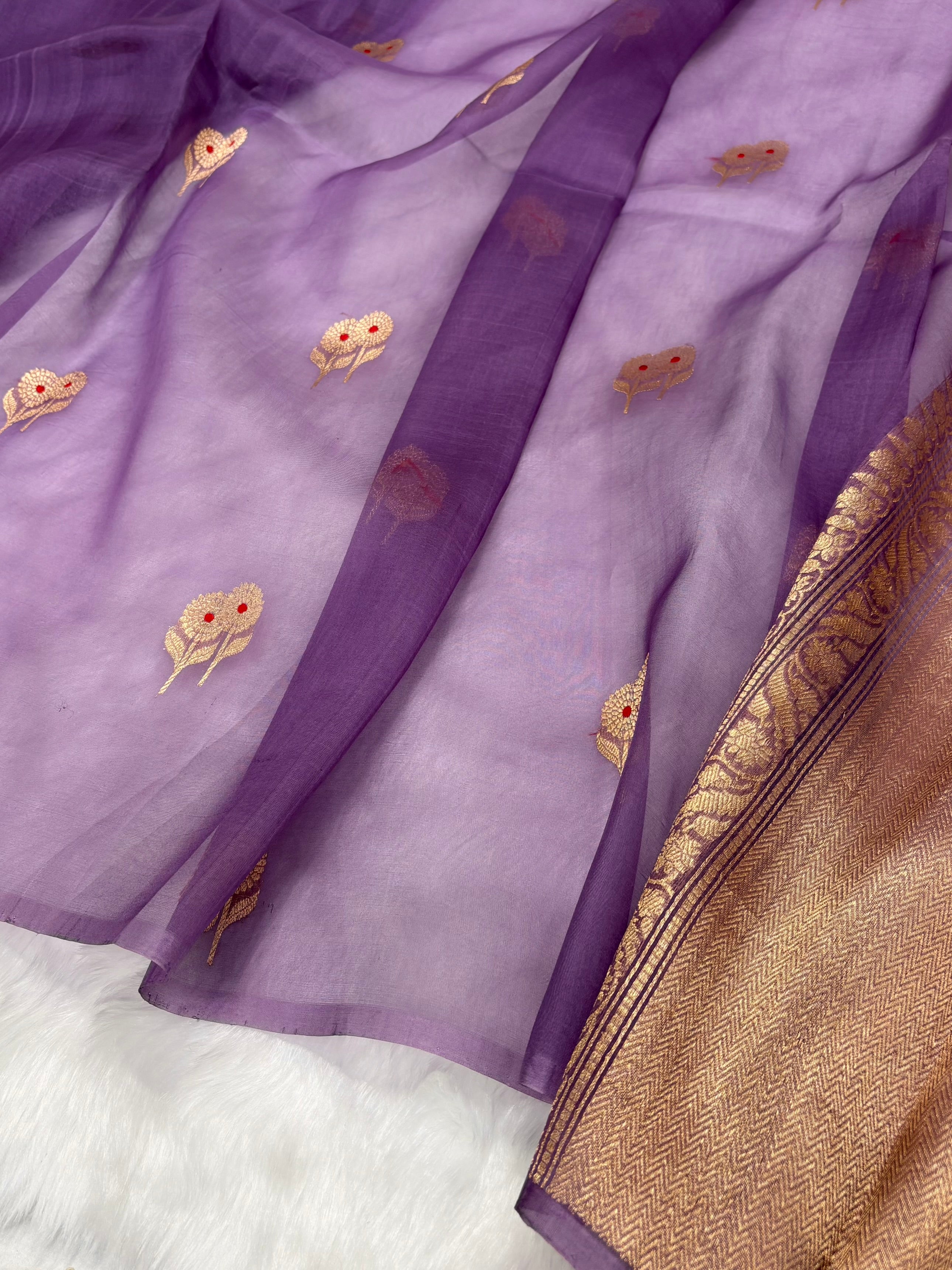 Pure Organza Dusty Lavender Meena Floral Banarasi Silk Saree PO-05