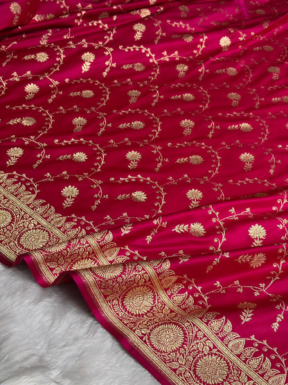 Cross Rani Shades Jaal Floral Pattern Satin Katan Silk Saree SK81