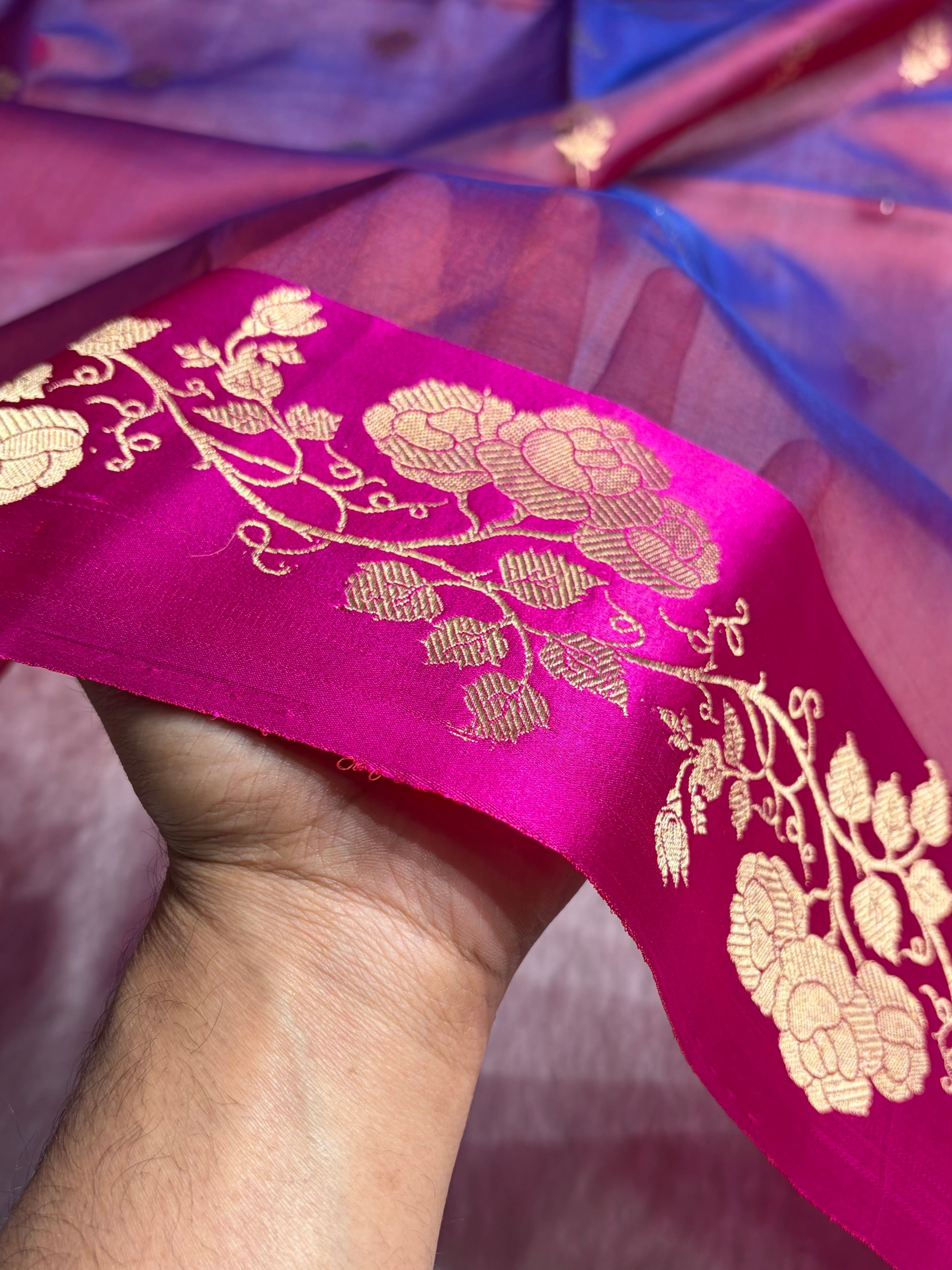 Contrast Pure Banarasi Organza Cross Pink With Rani Floral Banarasi Silk Saree PO-13