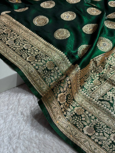 Bottle Green Shades Banarasi With Swarovski Stone Work Satin Silk Saree BSS33