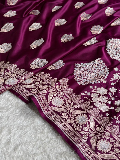 Wine Shades Banarasi Boota Pattern Minakari Floral Mashru Silk Saree MSM-122