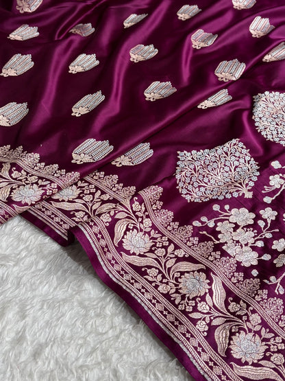 Wine Shades Banarasi Boota Pattern Minakari Floral Mashru Silk Saree MSM-122