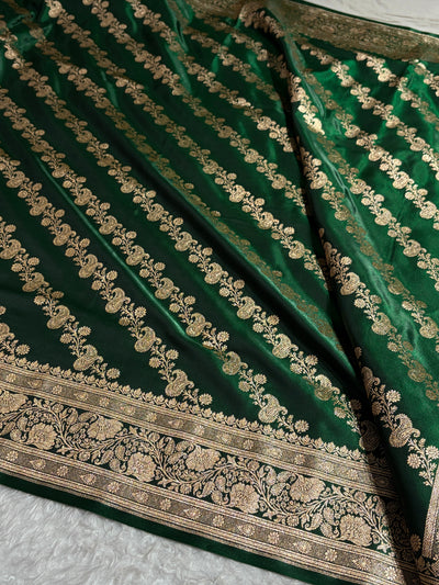 Banarasi Bottle Green Shades Cross Pattern Banarasi Satin Silk Saree SS51