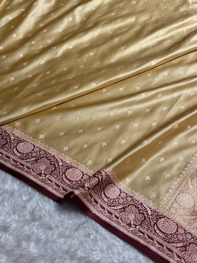 Banarasi Satin Katan Saree Floral Booti Pattern in Contrast Tusser / Garnet Shades SK153