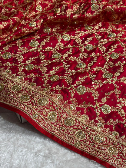 Magentic Red Shades Jaal Floral Pattern With Zardozi And Swarovski Stone Work Satin Katan Silk Saree BSK80
