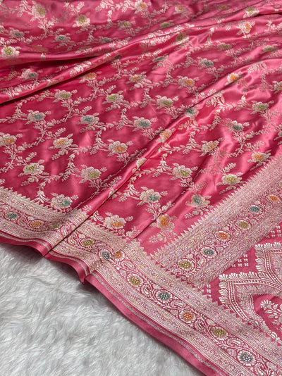 Baby Pink Minakari Floral Jaal Mashru Silk Saree MCS28