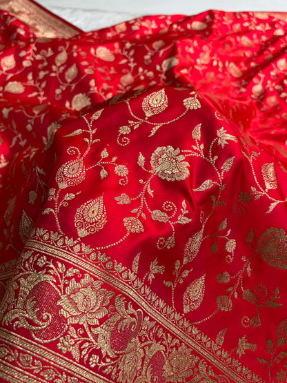 Banarasi Satin Katan Saree With Jaal Pattern in Red Shades SK120