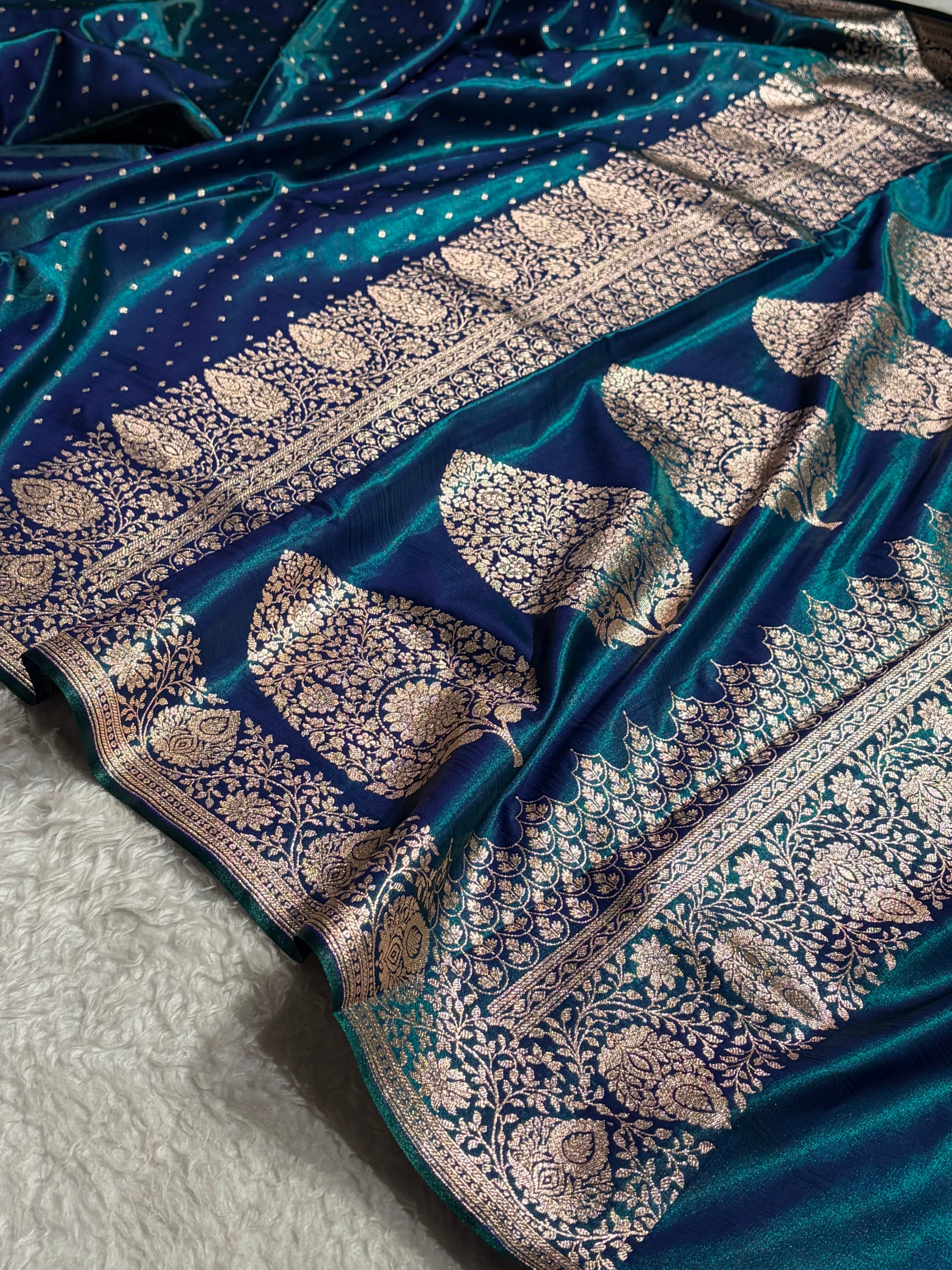 Satin Silk Saree Floral Boota in Peacock Shades SS28