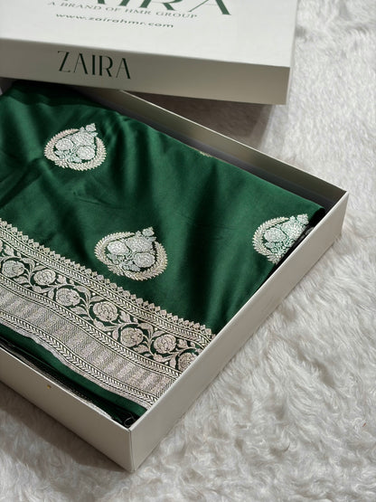 Bottle Green Shades Minakari Boota Mashru Silk Saree MS35