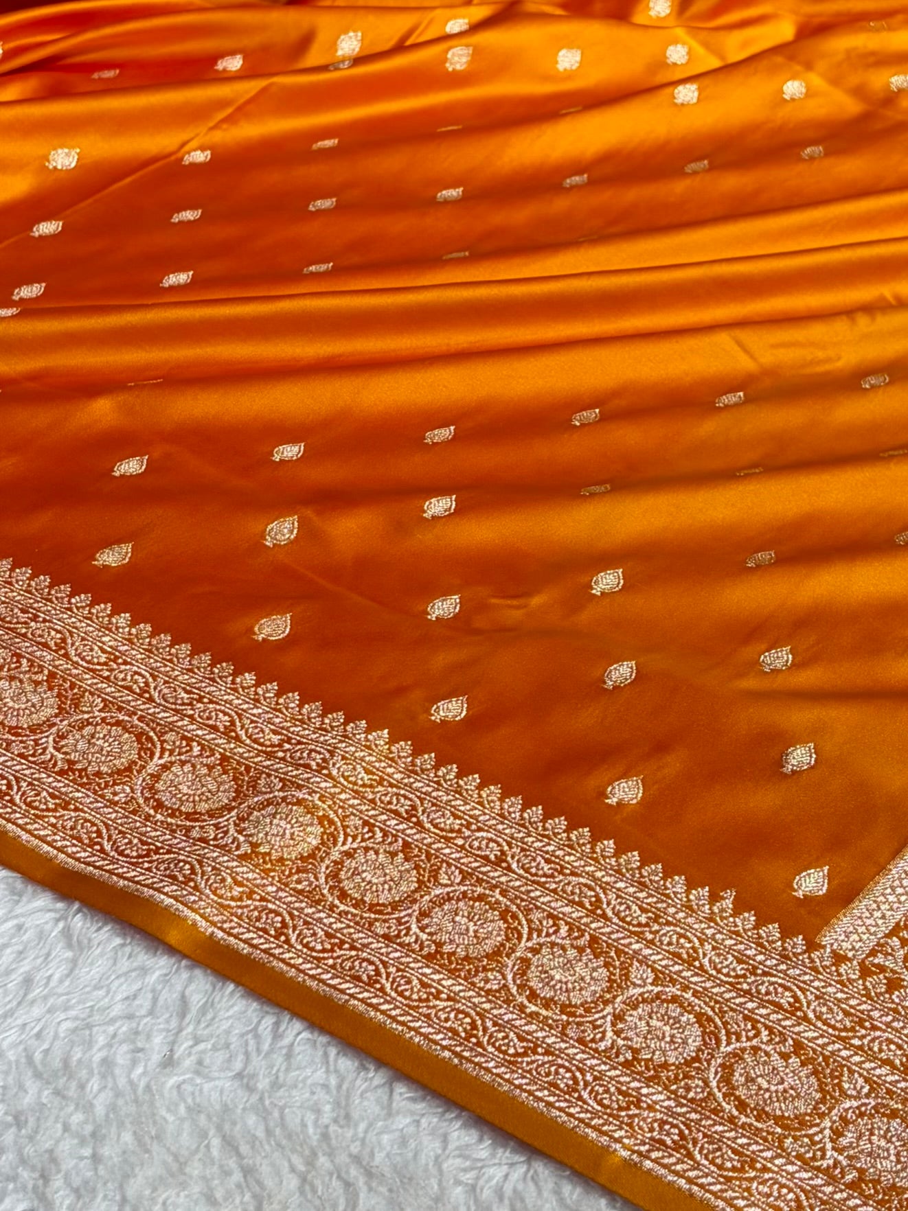 Banarasi Orange Boota With Floral Border Mashru Silk Saree