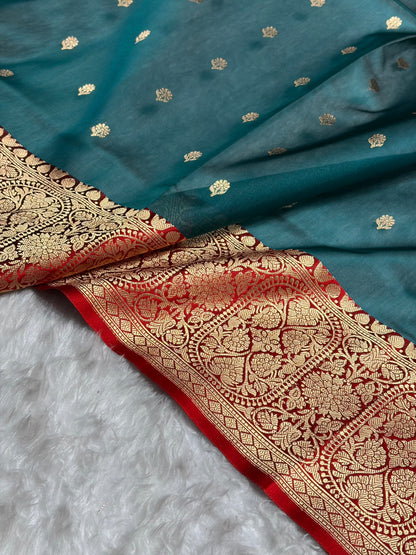 Contrast Pure Banarasi Organza Rama With Red Floral Banarasi Silk Saree PO-17