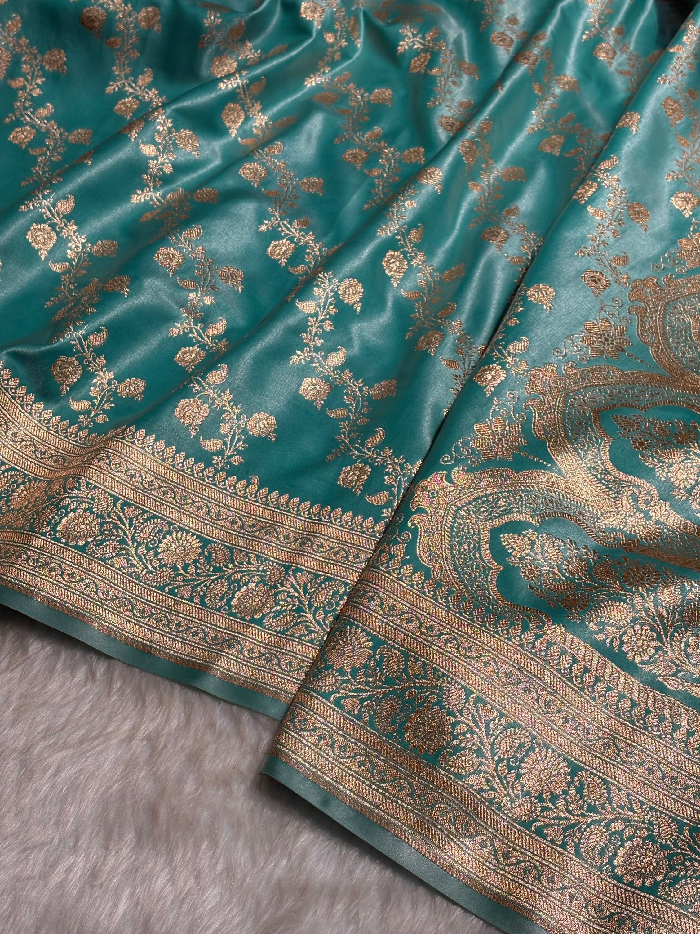 Sea Blue Shades Banarasi  Cross Jaal Satin Silk Saree SS11