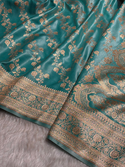 Sea Blue Shades Banarasi  Cross Jaal Satin Silk Saree SS11