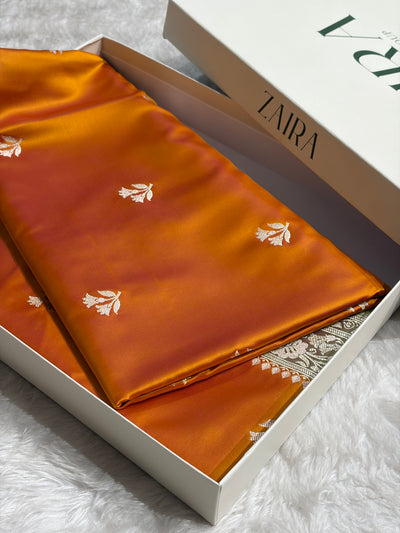 Contrast Orange / Olive Gold Shades Banarasi Booti Pattern Mashru Silk Saree MSM-138