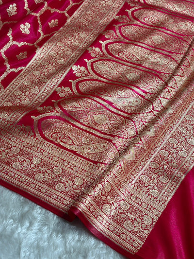 Cross Rani Shades Jaal Pattern Banarasi Satin Silk Saree SS57