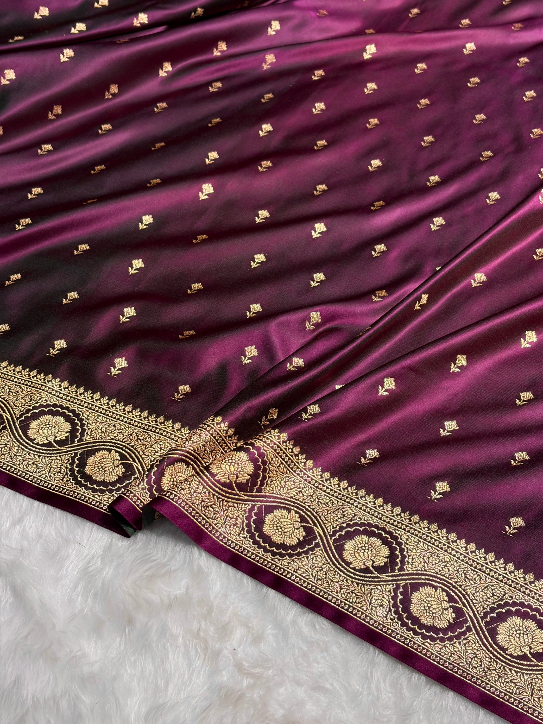 Wine Booti Pattern Satin Katan Silk Saree SK54