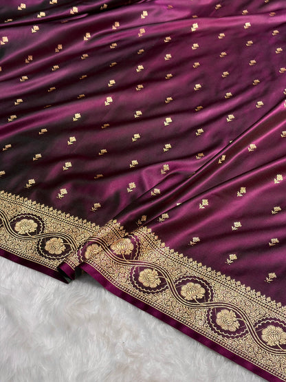 Wine Booti Pattern Satin Katan Silk Saree SK54
