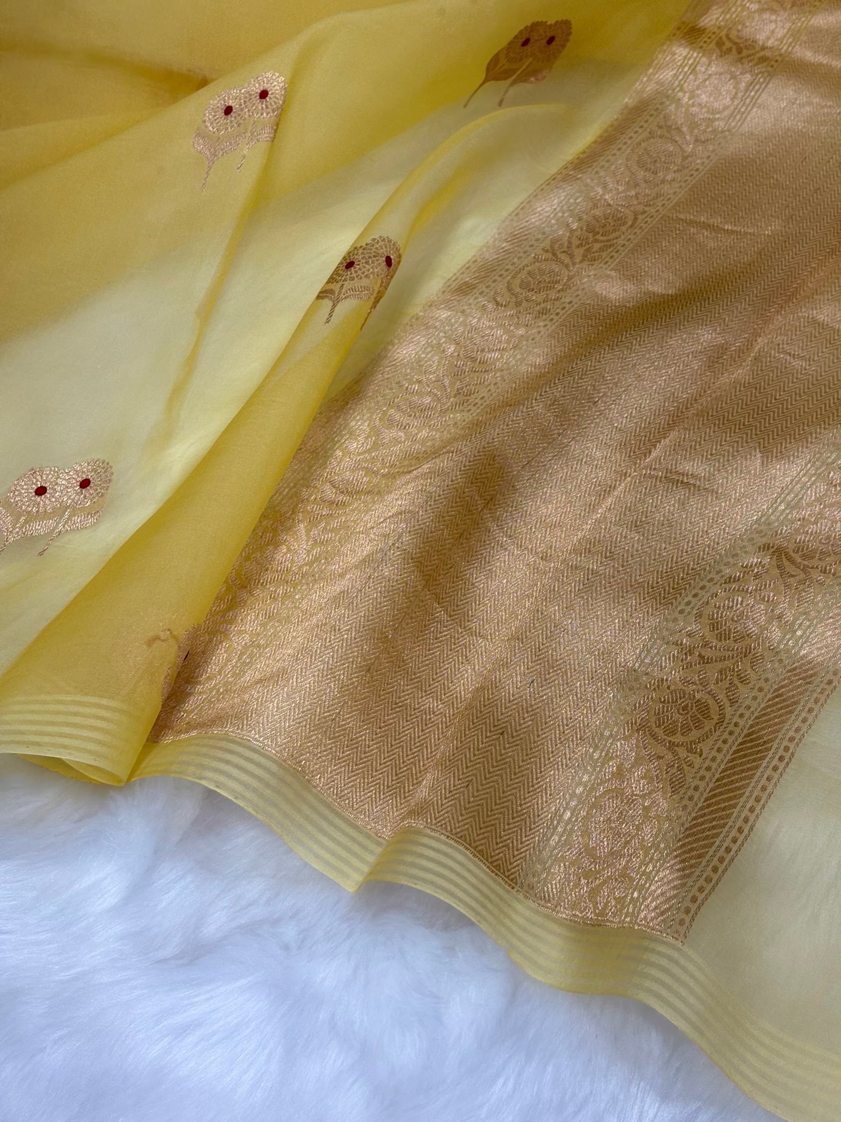 Pure Organza Lemon Meena Floral Banarasi Silk Saree PO-05