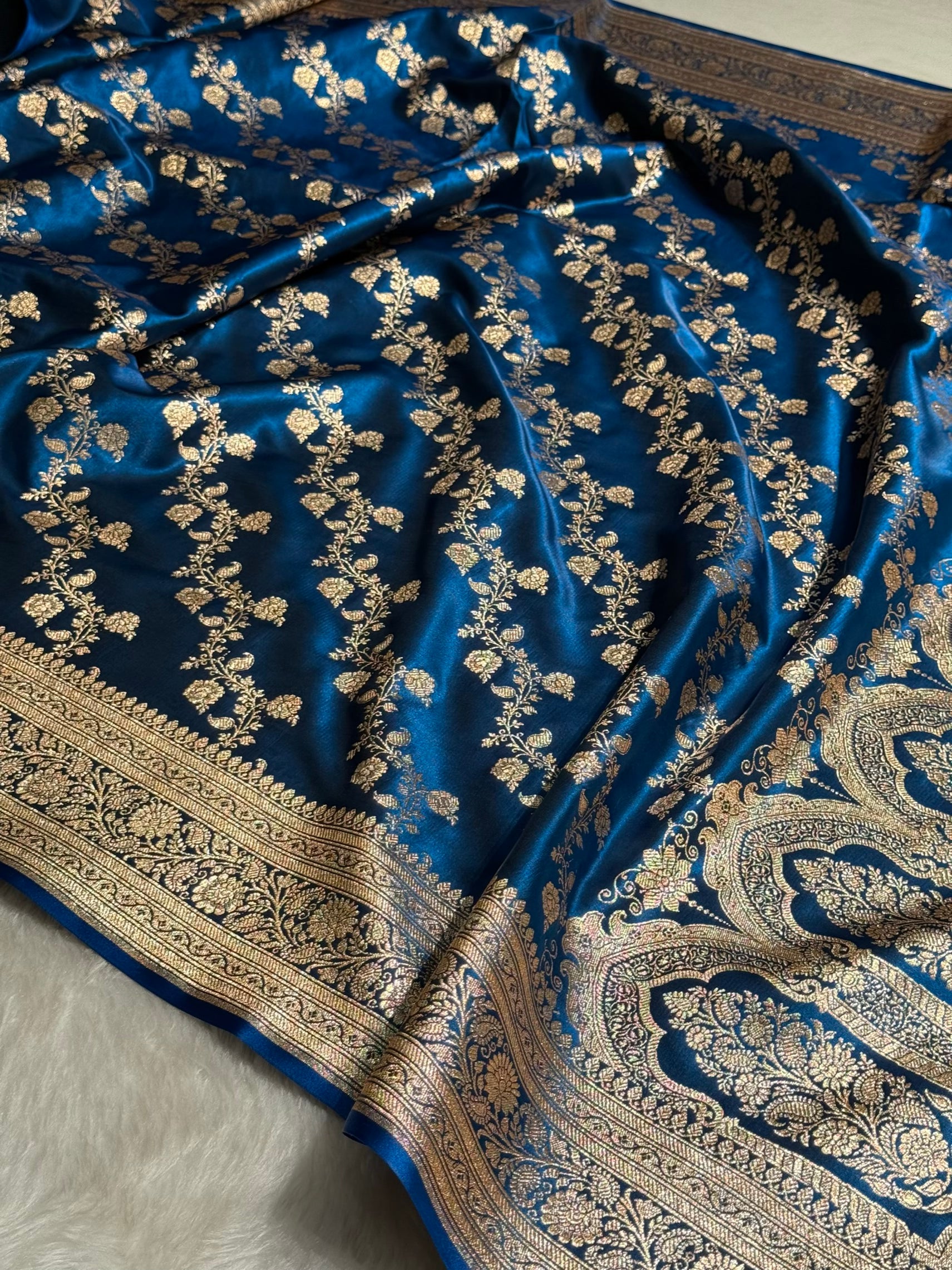 German Blue Shades Banarasi  Cross Jaal Satin Silk Saree SS11