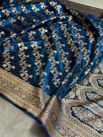 German Blue Shades Banarasi  Cross Jaal Satin Silk Saree SS11