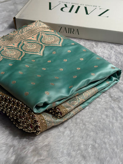 Pastel SeaGreen Satin Katan Silk Saree  With Gotta Patti SKGP11