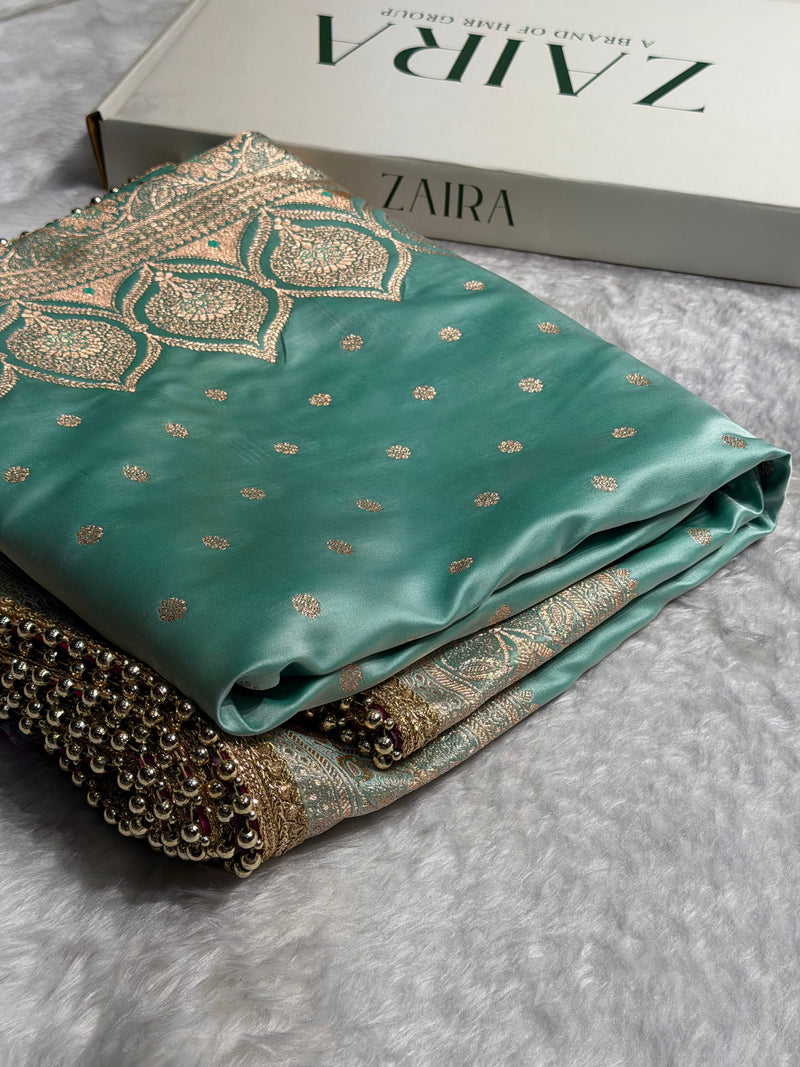 Pastel SeaGreen Satin Katan Silk Saree  With Gotta Patti SKGP11