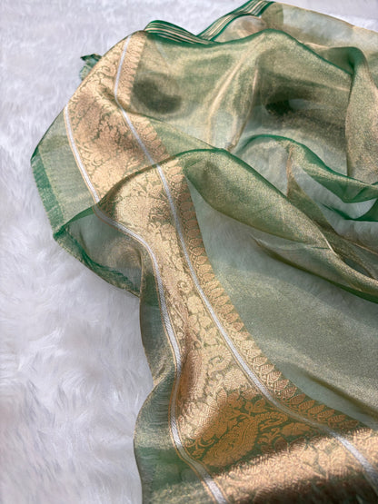 Cross Dark Green Bananasi Floral Shades Pure Tissue Silk Saree PT-35