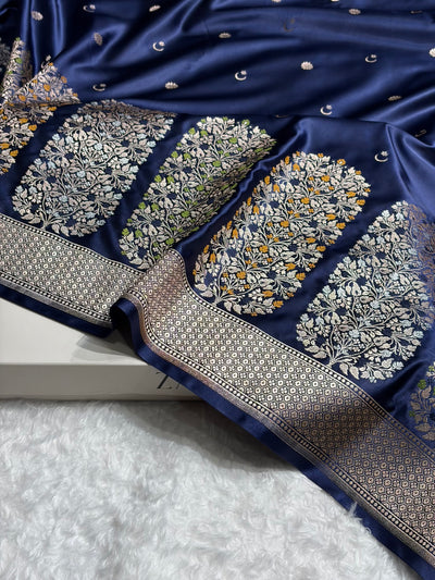 Peacock Shades Banarasi With Floral Minakari Pattern Mashru Silk Saree MSM-131