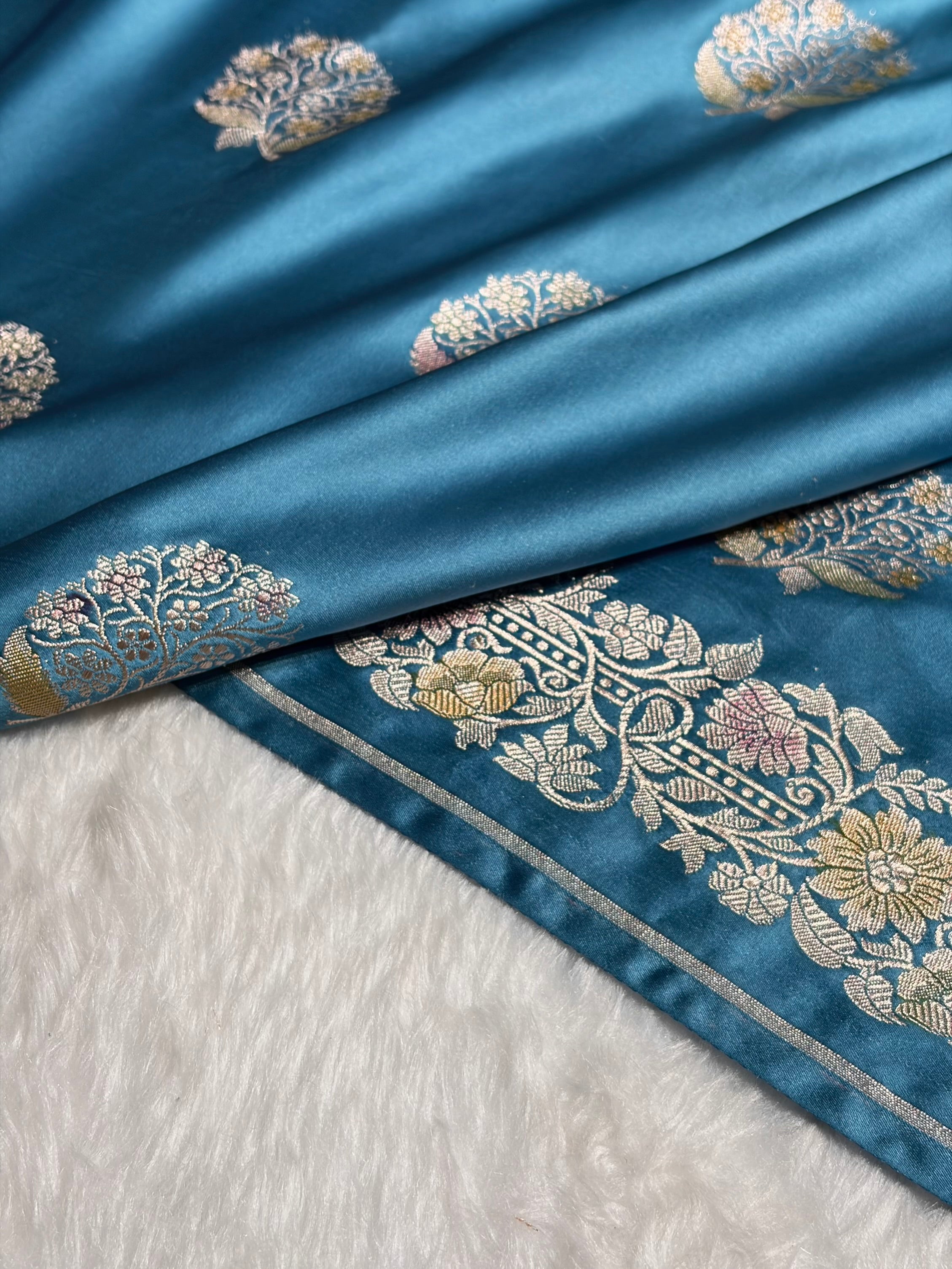 Sky Blue Mashru Silk Saree With Allover Floral Boota MS21
