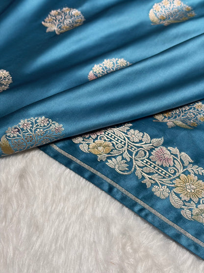 Sky Blue Mashru Silk Saree With Allover Floral Boota MS21