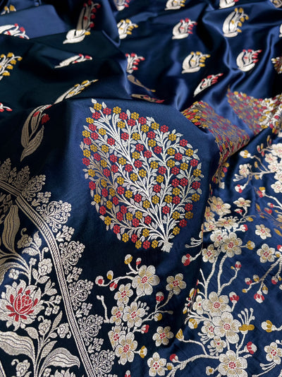 German Blue Shades Banarasi Boota Pattern Minakari Floral Mashru Silk Saree MSM-121