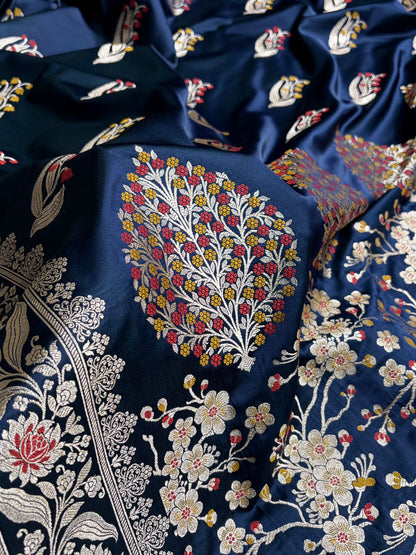 German Blue Shades Banarasi Boota Pattern Minakari Floral Mashru Silk Saree MSM-121